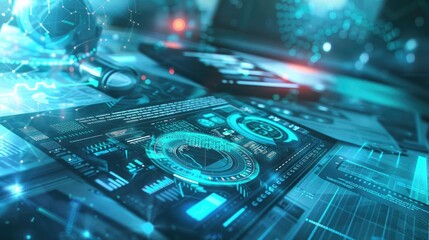 Poster - Futuristic digital interface displaying data metrics and analytics in a tech environment with glowing elements and overlays.