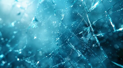Poster - Shattered glass with blue lighting creating an abstract pattern in a dark environment