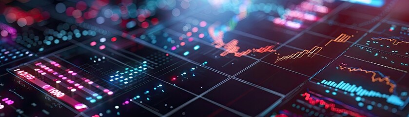 Poster - Dynamic digital trading chart with glowing graphs and data points, showcasing stock market analytics and financial growth.
