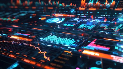 Poster - Futuristic digital dashboard with vibrant data visualizations, graphs, and statistics in a technology-driven environment.