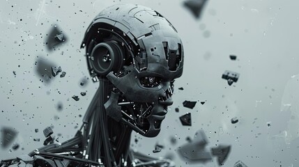 Poster - Futuristic robotic head amidst shattered fragments, symbolizing technology and artificial intelligence in a modern design.