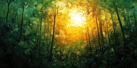 Wall Mural - Sunlit Forest with Abstract, Impressionistic Style