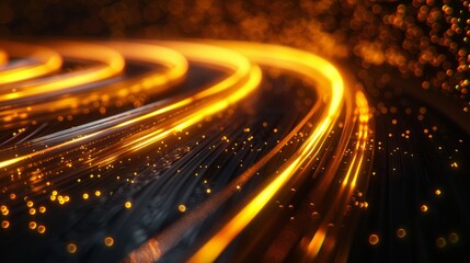 Poster - Abstract glowing trails of light on a dark background with shimmering particles