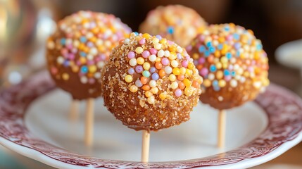 Wall Mural - Churro cake pops dipped in chocolate and rolled in crushed jellybeans, served on a decorative plate, churro cake pops jellybeans, whimsical dessert bites