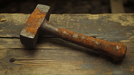 Wall Mural - A classic, rust-covered hammer placed on a wooden table