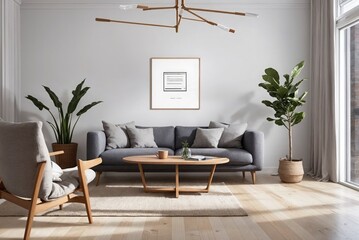 Wall Mural - A living room with a couch, coffee table, and potted plants