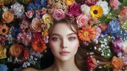 Woman with vibrant flowers in her hair lying among blossoms in a serene garden setting