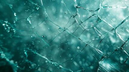 Poster - Close-up of shattered glass with turquoise background and sparkling reflections
