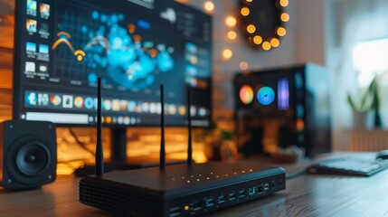 Poster - Closeup of a black WiFi router with antennas on a table next to a computer monitor a modern home network setup