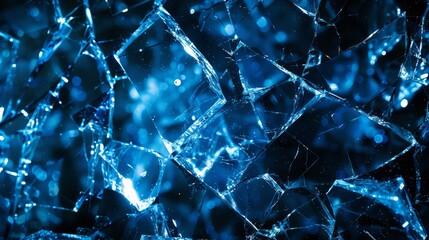 Poster - Shimmering fragments of shattered glass illuminated by blue light