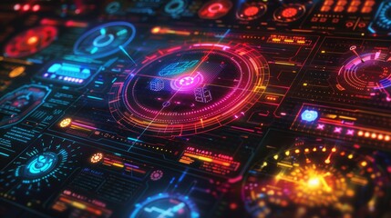 Poster - Colorful digital dashboard with futuristic interface design and glowing elements at night