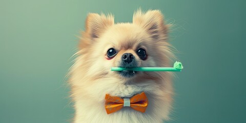 A small, fluffy dog wearing an orange bow tie holds a toothbrush in his mouth, looking directly at the camera.