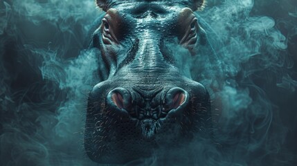 Close-up of a horse's head surrounded by mist in a dramatic and artistic style