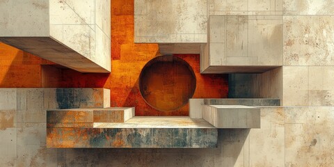 Poster - Abstract Architectural Composition with Concrete, Rust, and an Oval Void