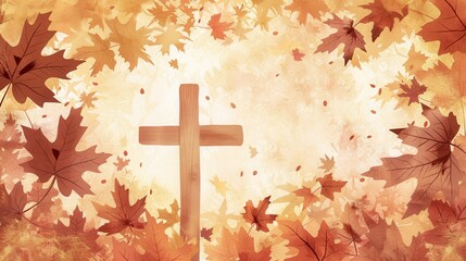 Wall Mural - Changing Cross Surrounded by Autumn Leaves Christian Theme Beige Background and Copyspace