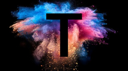 Poster - Colorful dust explosion with the letter T on a black background