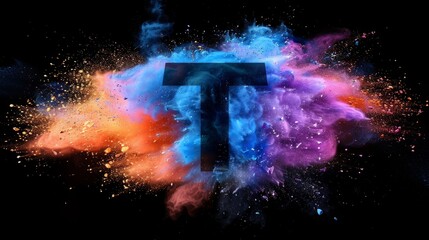 Poster - Colorful explosion of paint with a bold letter T in the center against a black background