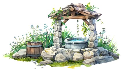 Handcrafted garden birdbath and water well with a rustic cobblestone structure. Natural outdoor scene for horticultural enthusiasts.