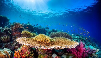 diver explores vibrant underwater coral reef ecosystem