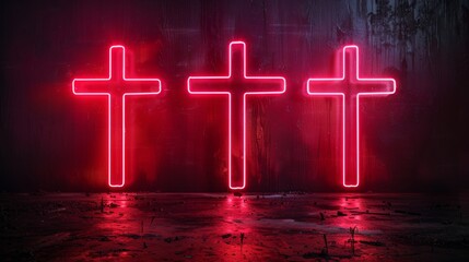 Poster - Neon crosses illuminated in red against a dark backdrop at night