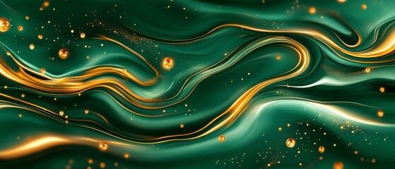 Wall Mural - Emerald and Gold Fluidity, Flowing green and gold liquid abstract design, Luxury Motion.