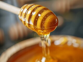 golden honey drips from a dipper, showcasing its smooth texture and natural sweetness, perfect for c