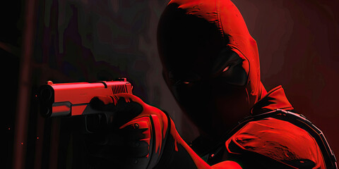 Wall Mural - A masked vigilante stands tall in the shadows, a gun drawn and ready.