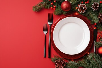 A red background with a white plate and silverware, The mockup plate is empty