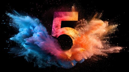 Poster - Colorful explosion of powder forming the number five against a dark background