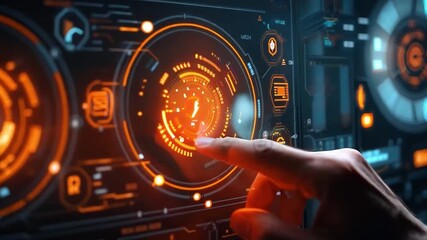 Poster - A person engages with a glowing digital interface filled with intricate data and controls in a contemporary environment.