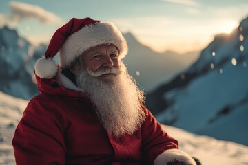 Wall Mural - A man in a red Santa hat and a beard is smiling, A festive and relaxed mood