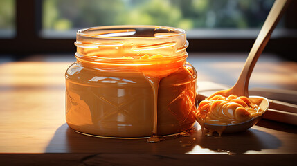 Peanut butter in a spoon and bottle on a white background