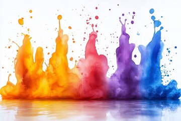 Poster - Colorful splashes of paint create an abstract design in vibrant hues on a reflective surface in a creative space