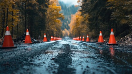 Empty road repair site with caution signs, cones, and freshly paved asphalt.