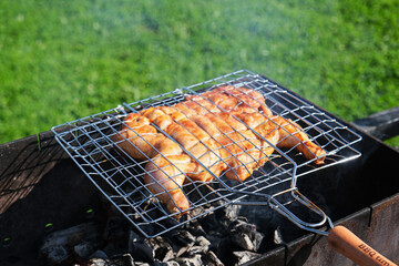 Chicken, tabaka chicken, grill barbecue meat on a brazier with smoke, green grass background