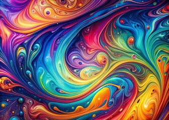 Poster - Vibrant swirling shapes and colors dance across a mesmerizing liquid background, capturing the essence of psychedelic art with iridescent hues and fluid motion.