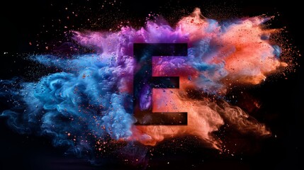 Poster - Colorful smoke explosion with the letter E in a dark background