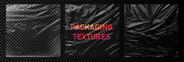 Aufkleber - A collection of transparent packaging textures displayed on a checkered background with vibrant text overlay. These textures are perfect for graphic design projects, offering a realistic plastic wrap 