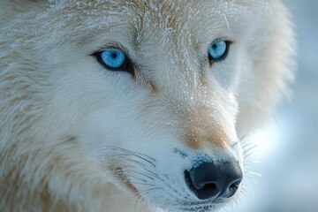 Wall Mural - majestic arctic portrait intense closeup of white wolfs face piercing blue eyes reflect icy landscap