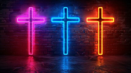 Poster - Colorful neon crosses illuminated against a brick wall in a darkened room