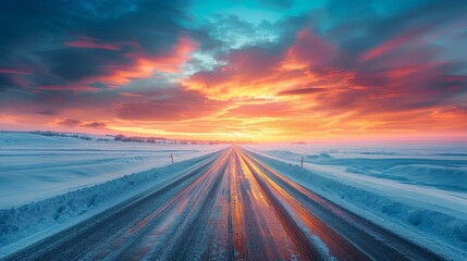 Wall Mural - Majestic sunset over a snow-covered road in winter