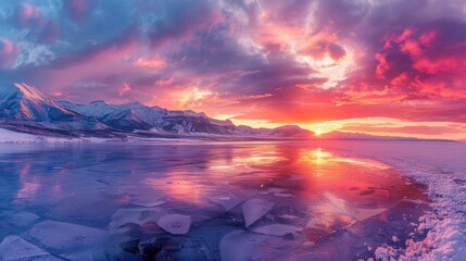 Wall Mural - Breathtaking sunset over icy lake with mountains in the background during winter