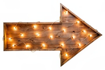 Vibrant wooden arrow sign with string lights wrapped around, pointing upwards, creating a festive party atmosphere, isolated on a clean white background.