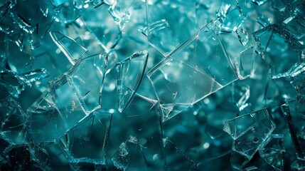 Poster - Shattered glass fragments illuminated by soft blue light in an abstract setting