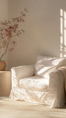 Poster - Sunbeam illuminating a white armchair in a bright living room