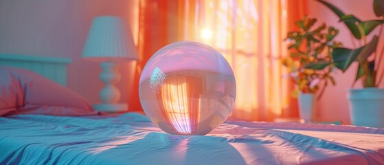 Aufkleber - A serene bedroom scene with a luminous glass orb reflecting warm sunlight and vibrant colors, creating an inviting atmosphere.