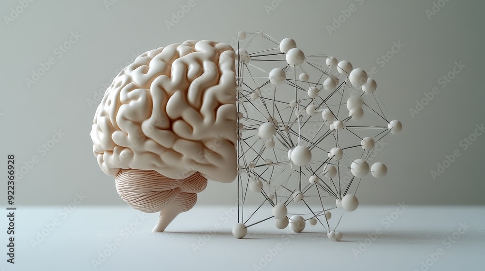 A detailed visual representation of a human brain split in half, with ...