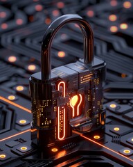 Poster - A futuristic padlock glowing on a circuit board, symbolizing advanced cybersecurity and digital protection.