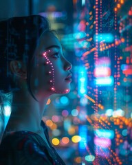 Fototapete - A profile view of a woman illuminated by colorful neon lights and digital patterns, evoking a futuristic urban atmosphere.