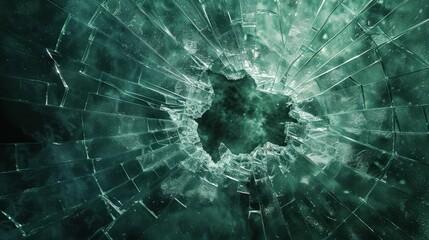 Poster - Broken glass fragment creating an irregular hole against a dark, cloudy background